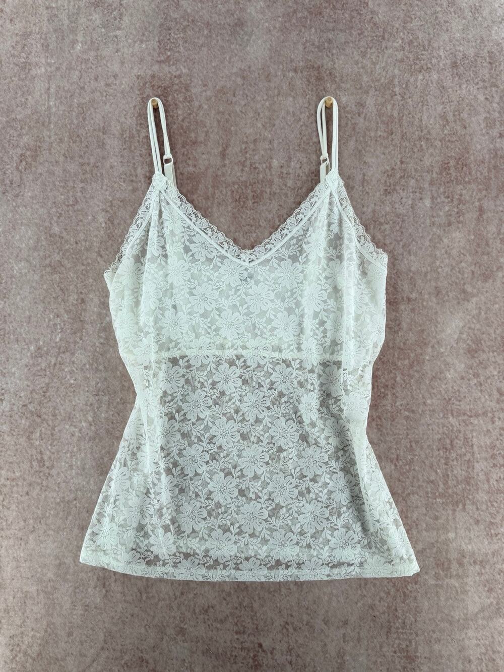 Y2K White Floral Lace Sheer Camisole Coquette Lingerie Top M
